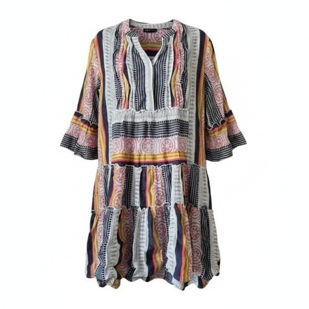 APNY Babydoll Dress L Multicolor Mixed Print Tiered Ruffle‎ Boho Aesthetic